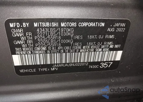 2022 Mitsubishi Outlander Sport 2.0 Be Awc/2.0 Es Awc/2.0 Le Awc/2.0 Se Awc/2.0 Se Special Edition Awc from USA, damaged, VIN JA4ARUAU9NU022012